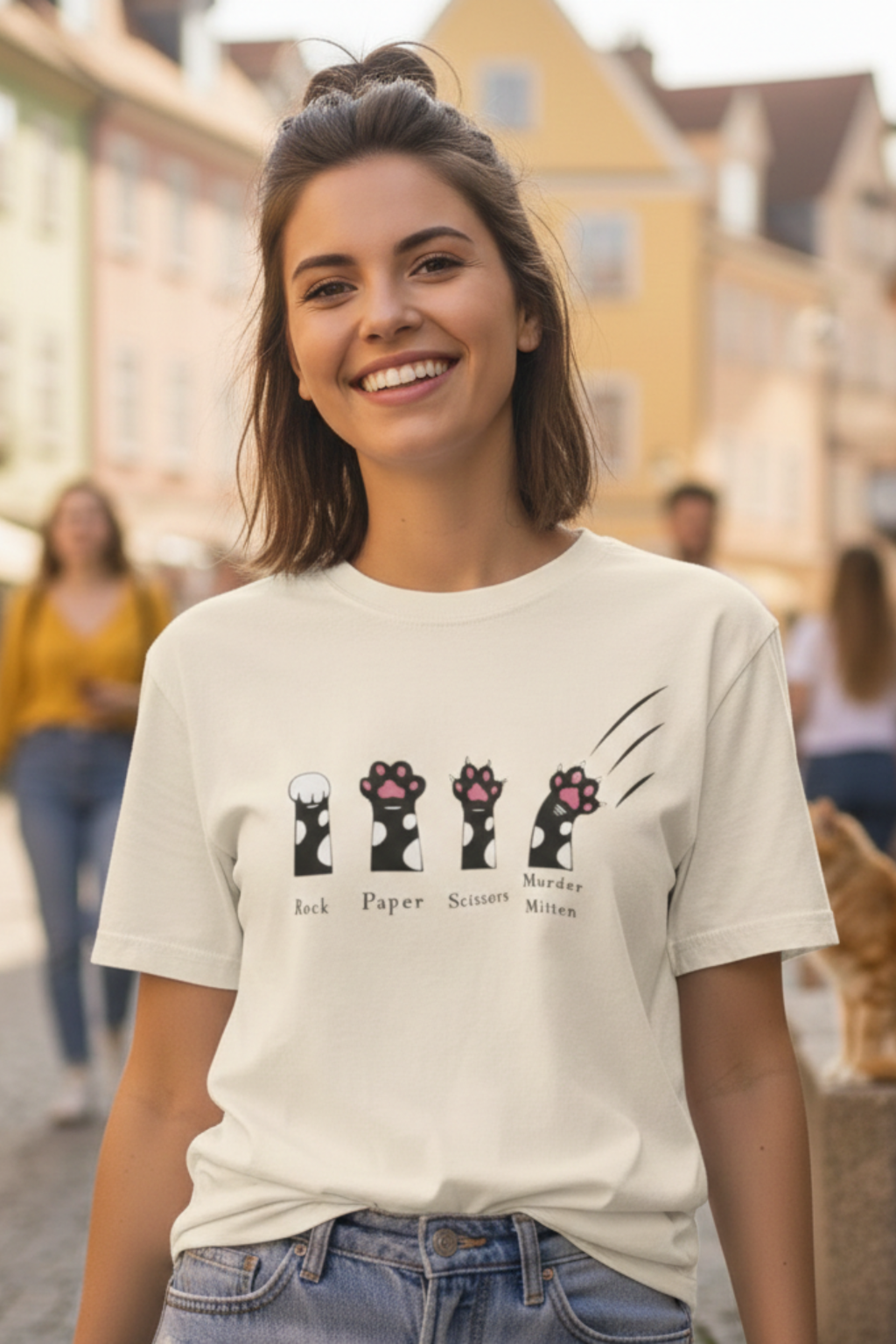 Rock Paper Scissors Murder Mitten Cat Unisex Graphic T-Shirt