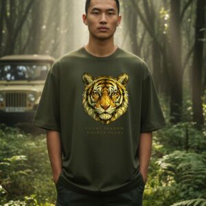 Tiger oversized unisex graphic t shirt with geometric tiger artwork and Silent Shadow Golden Flame quote