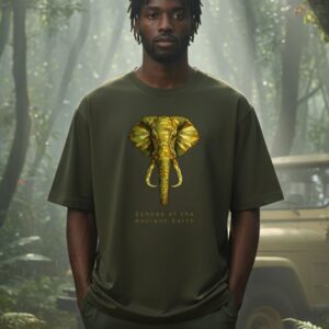 elephant oversized unisex graphic t shirt with geometric elephant design and Echoes of the Ancient Earth quote