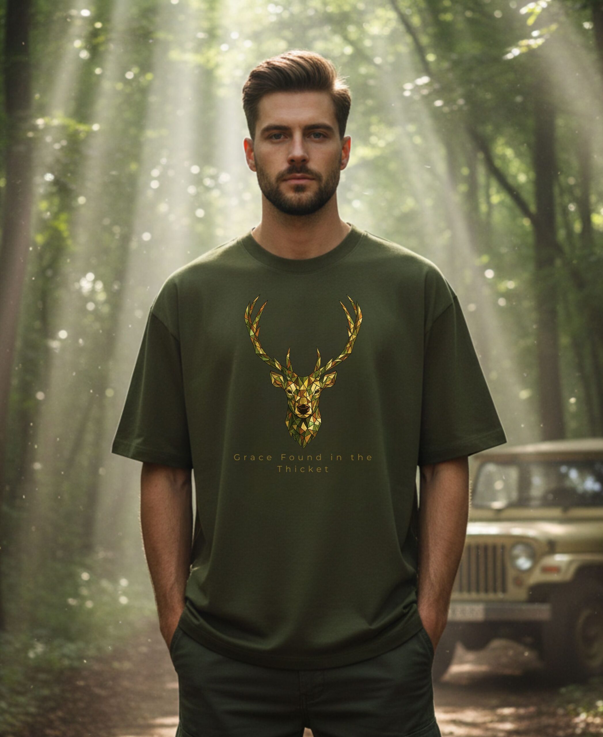 deer oversized unisex graphic t shirt with geometric stag design and Grace Found in the Thicket quote