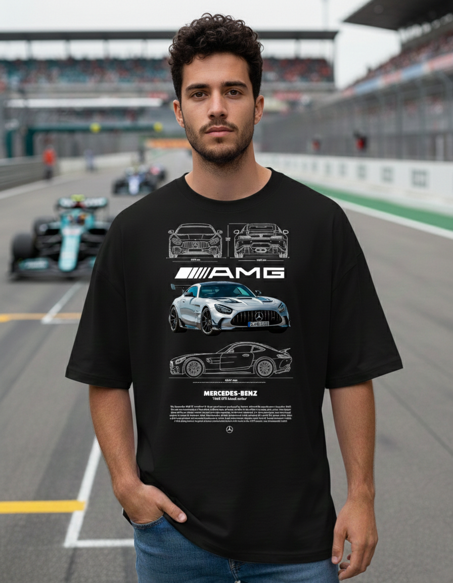 AMG GTR Black Series Oversized Unisex Graphic T Shirt with blueprint car design