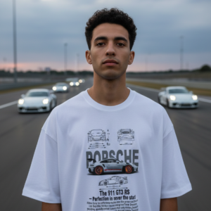 Porsche 911 GT3 RS Oversized Unisex Graphic T Shirt with blueprint car design
