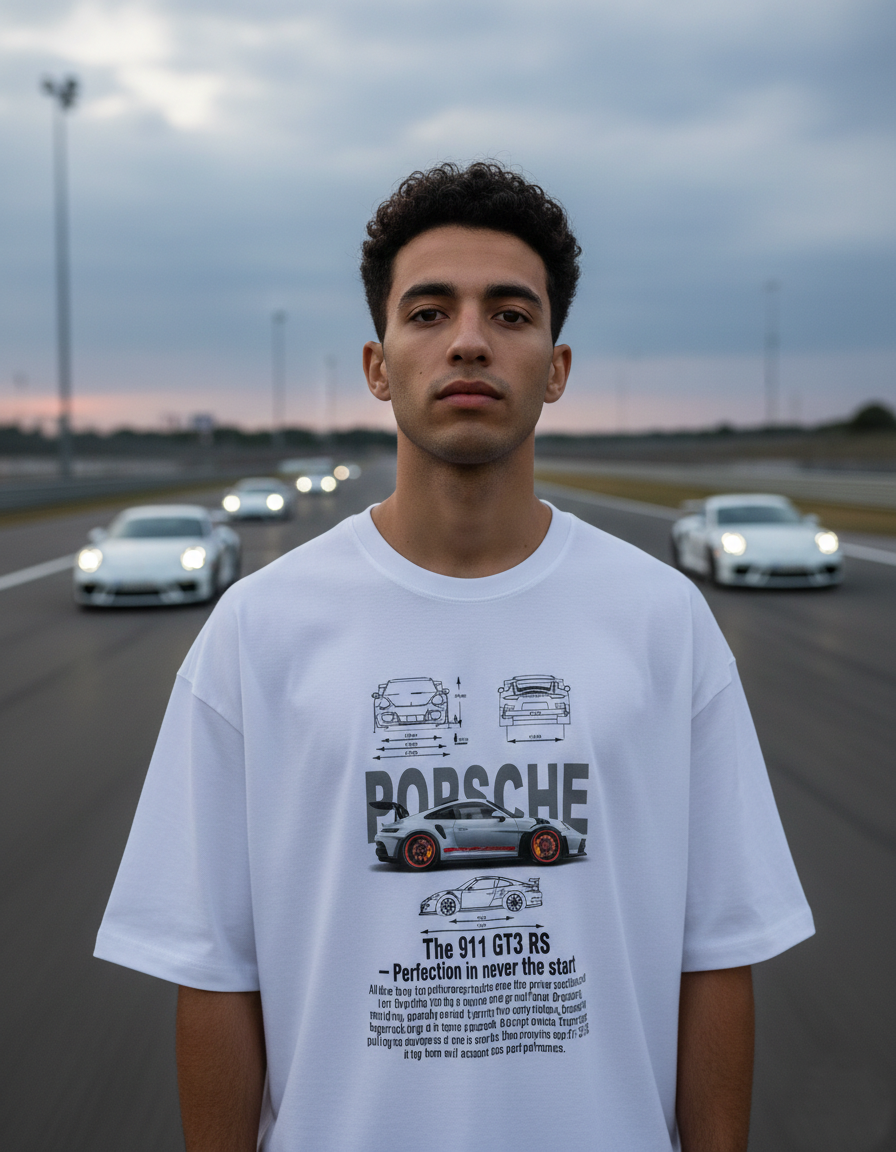 Porsche 911 GT3 RS Oversized Unisex Graphic T Shirt with blueprint car design