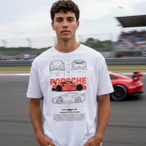Porsche Oversized Unisex Graphic T Shirt with race car blueprint design