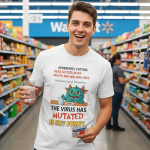 Oversized funny monster graphic t shirt with parody humor design