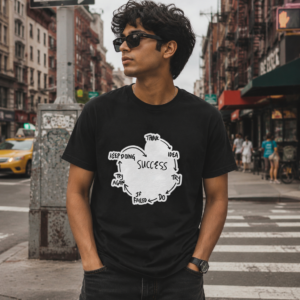 Navy blue Success Cycle Graphic T-Shirt with a motivational hand-drawn success loop graphic printed on the front.