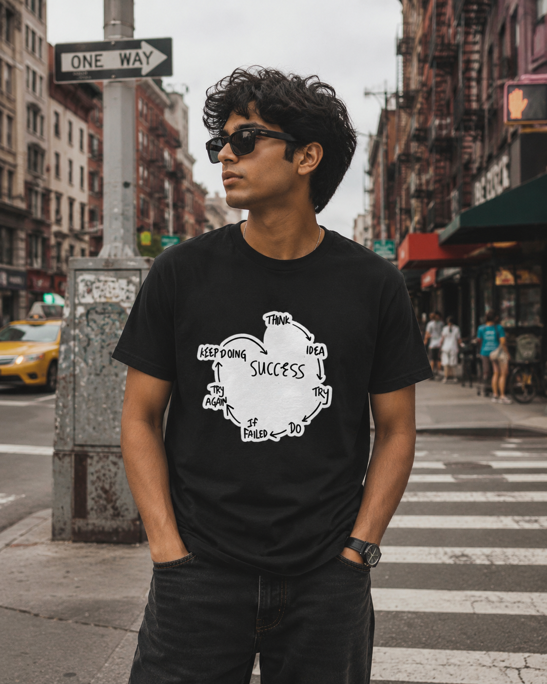 Navy blue Success Cycle Graphic T-Shirt with a motivational hand-drawn success loop graphic printed on the front.