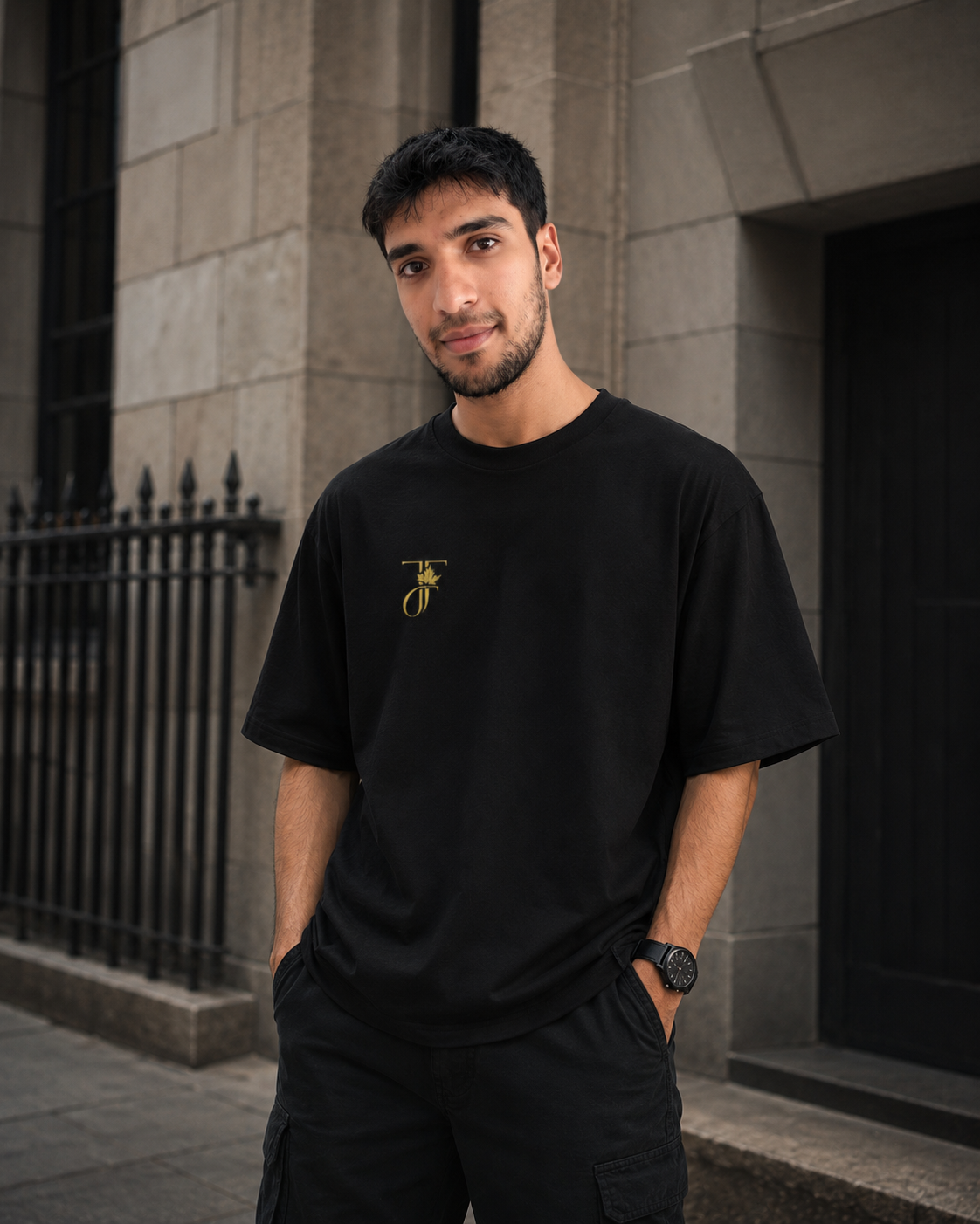 Black JFS Embroidered Oversized T-Shirt featuring a minimalist gold embroidered chest logo on heavyweight cotton fabric