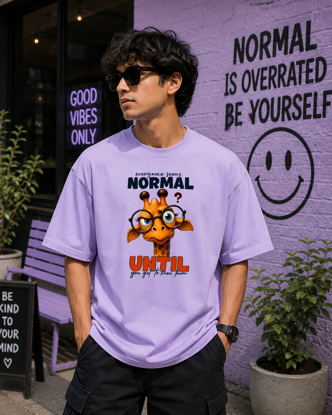 Everyone Seems Normal Until Oversized Graphic T-Shirt with funny giraffe cartoon print on white heavyweight oversized cotton tee.