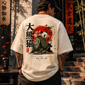 Oversized off-white Calm Mind graphic T-shirt with Japanese samurai panda back print