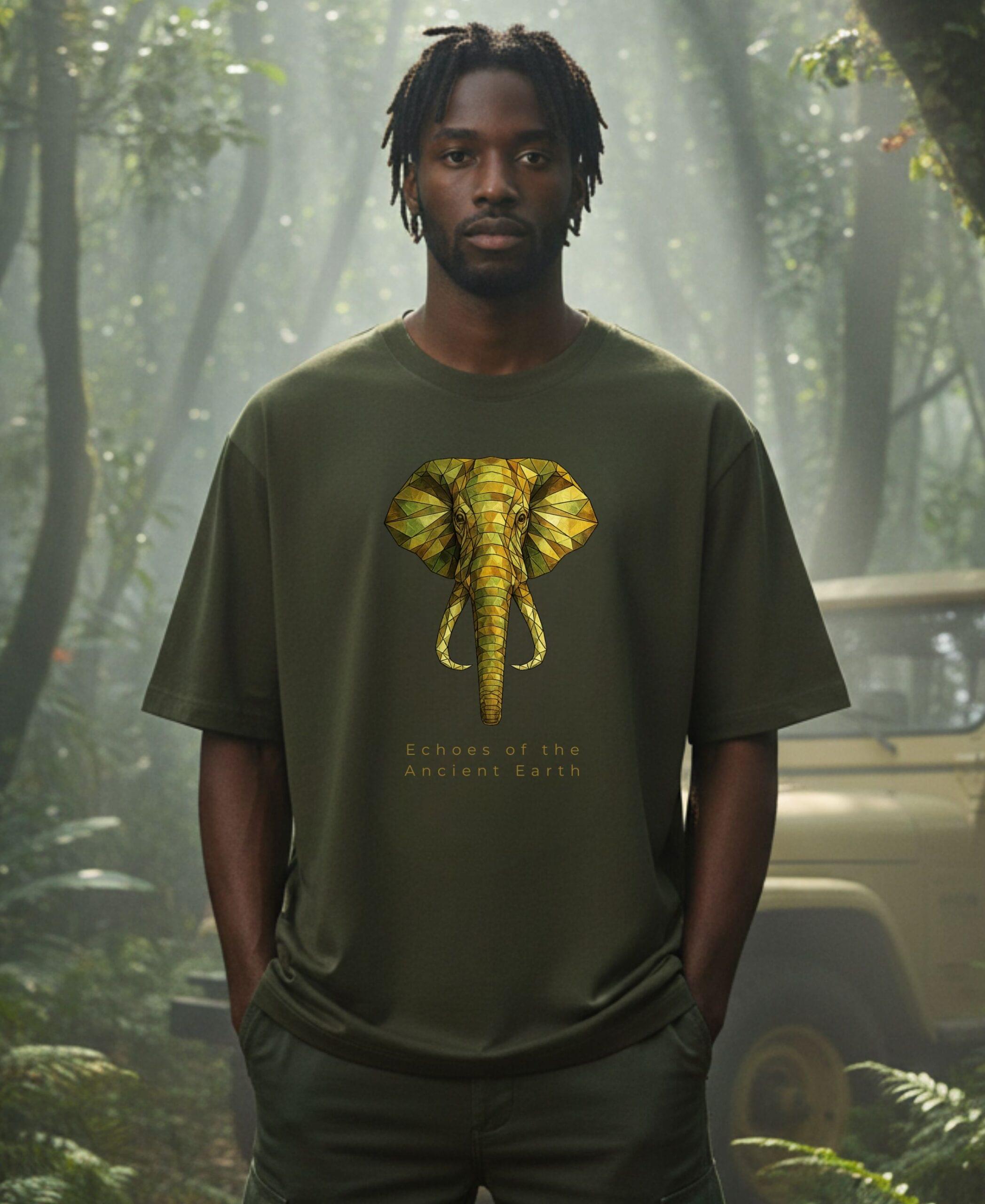 elephant oversized unisex graphic t shirt with geometric elephant design and Echoes of the Ancient Earth quote